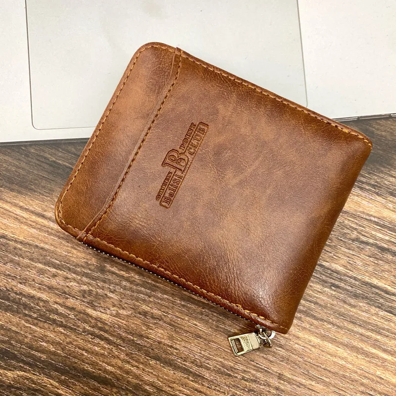 Cartera corta multifunción para hombre, tarjetero de cuero Vintage, monedero con cremallera, monedero de negocios