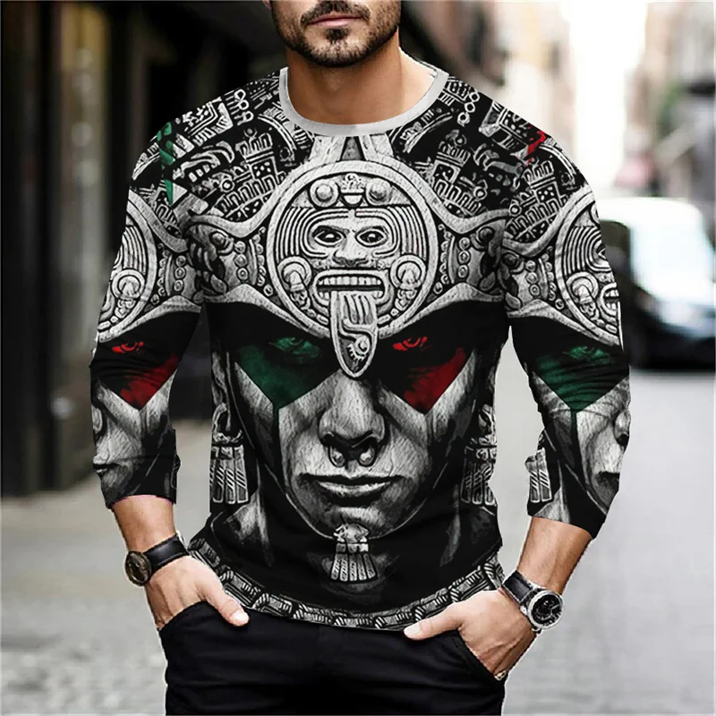 

2026 Mexico Aztec Graphic T Shirts For Men Vintage 3d Printed Long Sleeve Tees Street Hip Hop Oversized T-Shirt Male Clothing