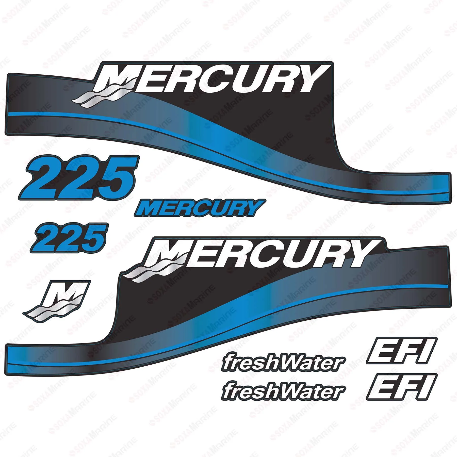 Blue Decal Kit Sticker Set for Mercury 225 hp EFI FreshWater Outboard Engine Reproduction 225HP FreshWater EFI