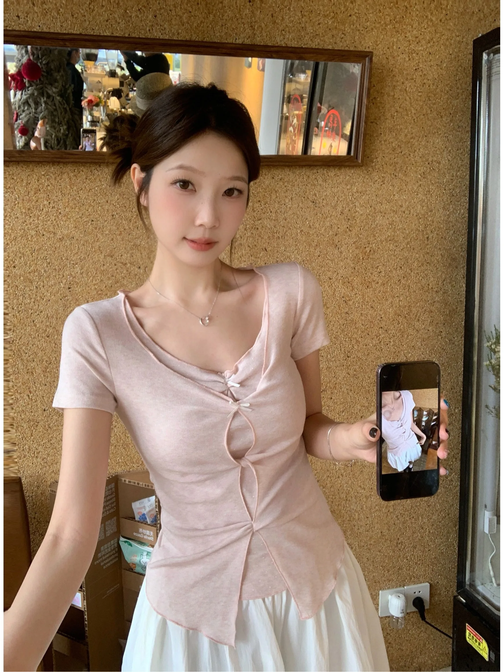 

plus Size Polka Dot Splice Short Sleeve Slimming T-Shirt Summer New Style Knot Design Commute Style Korean Version Women's Top