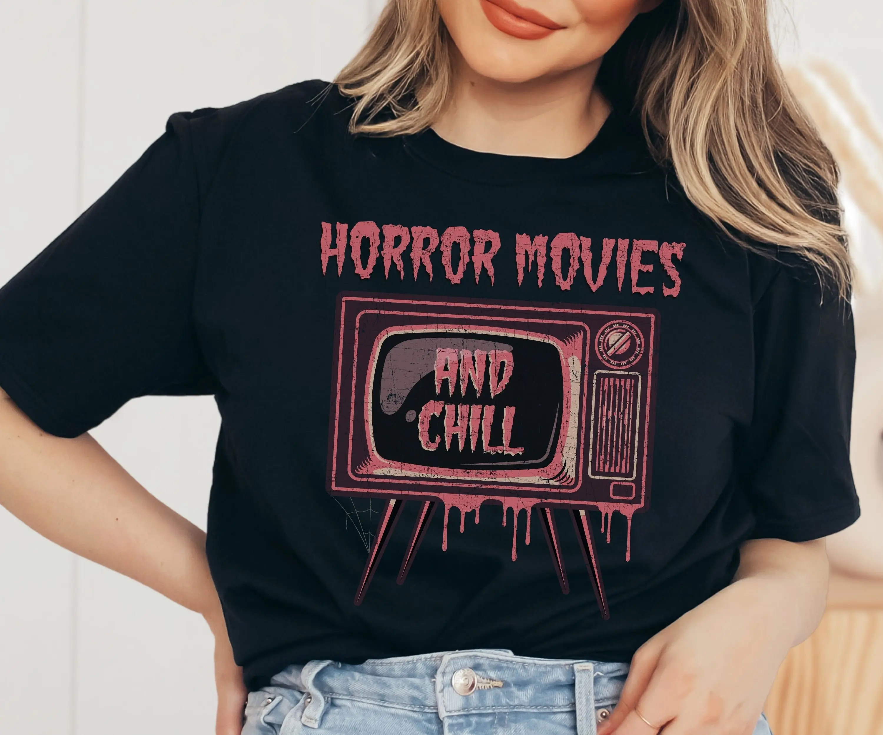 Camiseta Retro gótica Grunge para Halloween, camisa con estampado de película de terror escalofriante, ideal para fiesta de disfraces, televisión, otoño