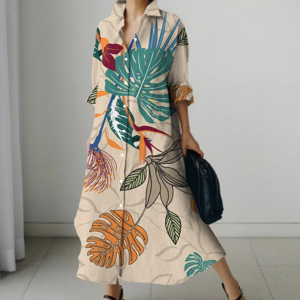 2024 Fashion Elegant Fresh Flowers Leaf Print Long Sleeve Shirt Dress Daily Street Casual Dress Loose Comfortable Home Dress