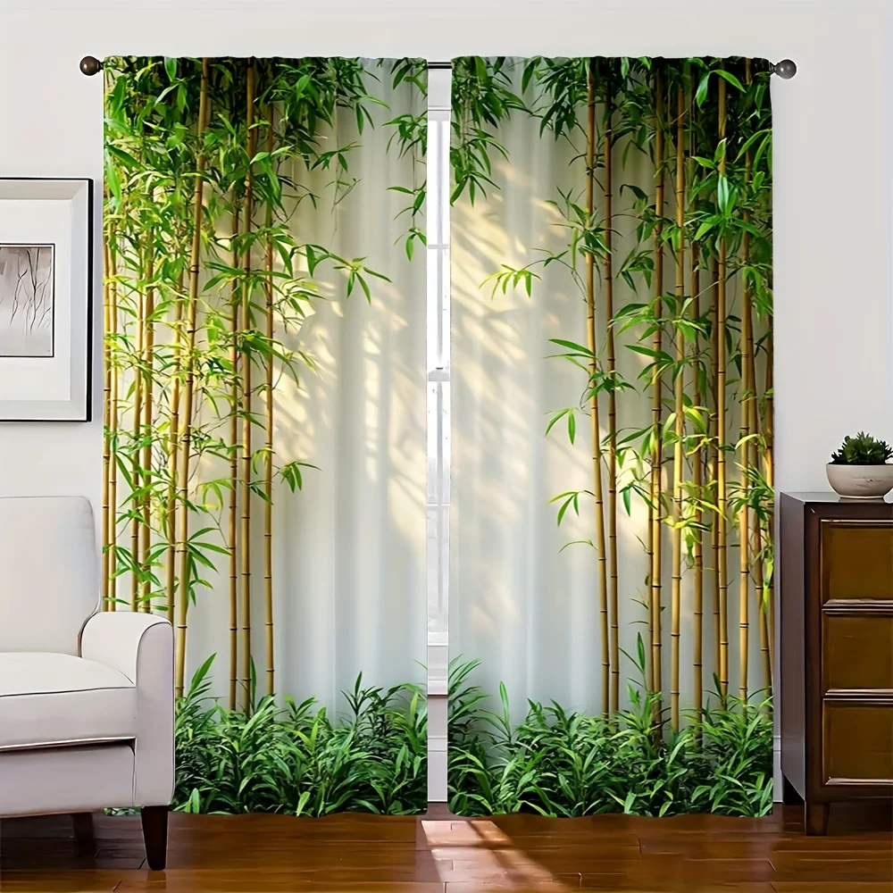 2pcs, Party Curtains bamboo pattern Machine Washable Fabric,Without Electricity Birthday Party Applies to Bedroom living room