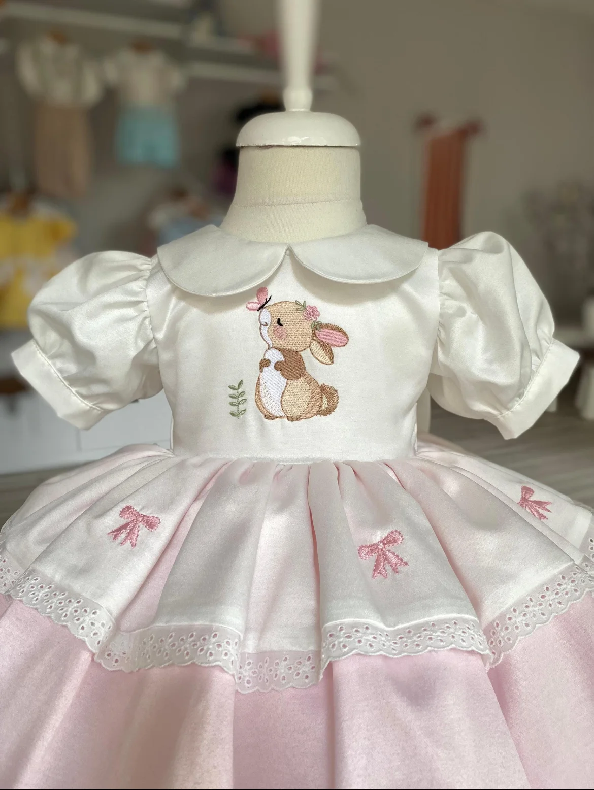Girls Summer White Vintage Princess Dress with Cute Rabbit Embroidery Design for Easter Birthday Party Holiday Photography B587