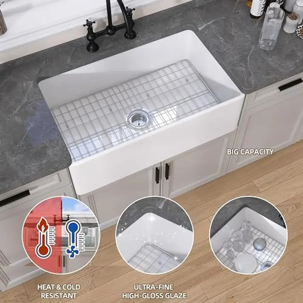 Fireclay المئزر الجبهة مزرعة بالوعة 30 بوصة كبيرة وعاء واحد تحت جبل بالوعة المطبخ الأبيض مقاومة للبقع حوض عميق الحديثة