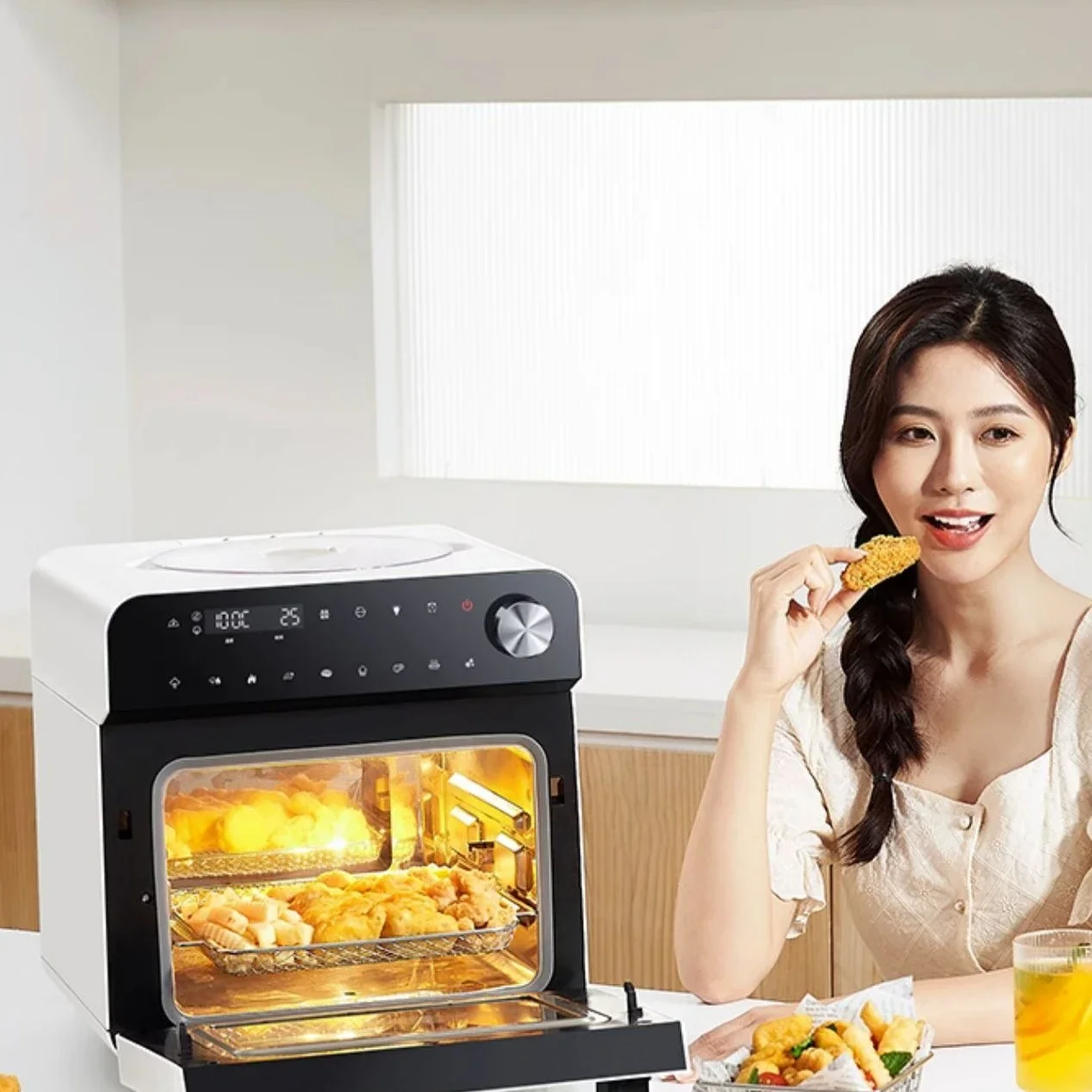فرن بخار هوائي عالي الجودة، خالي من الزيت، أوتوماتيكي بالكامل، شاشة تعمل باللمس، فرن مقلاة هوائية ذكي