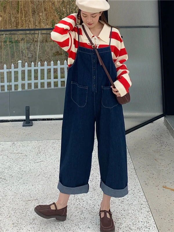 

Vintage Large Size Denim Overalls Women's Faion Spring Autumn High Waist Wide Leg Pants Casual Wearable Comfortable Fit