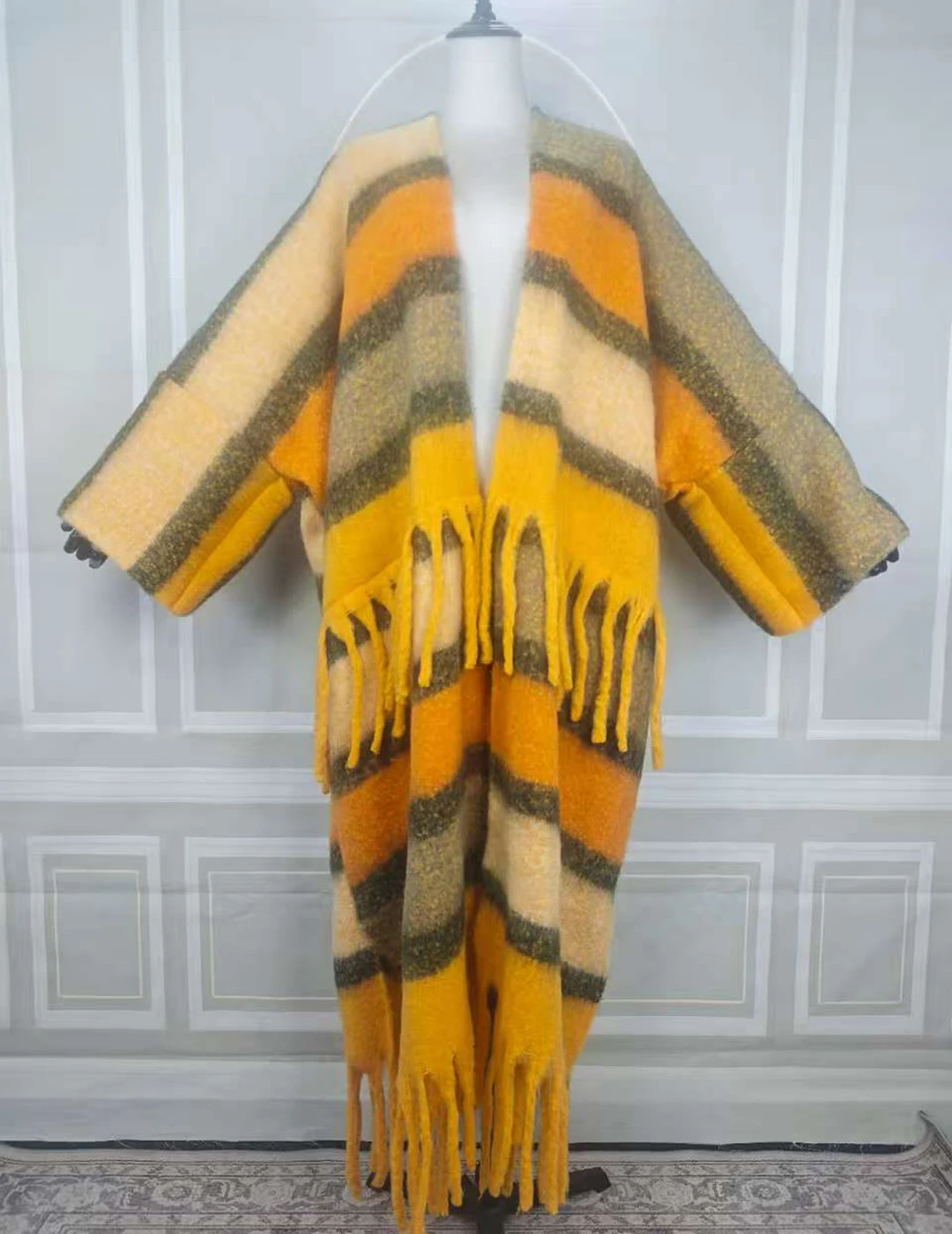 New Fashion Popular 2023 Autumn Winter Multicolored Stripe Women\'s Fuzzy Long Cardigans Free Size African Lady Loose Kimonos