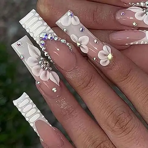 2024 Super Long French Crystal Flower Square False Nails Light Pink Bride Wearing Snake Pattern Fake Nails for Women Ladies