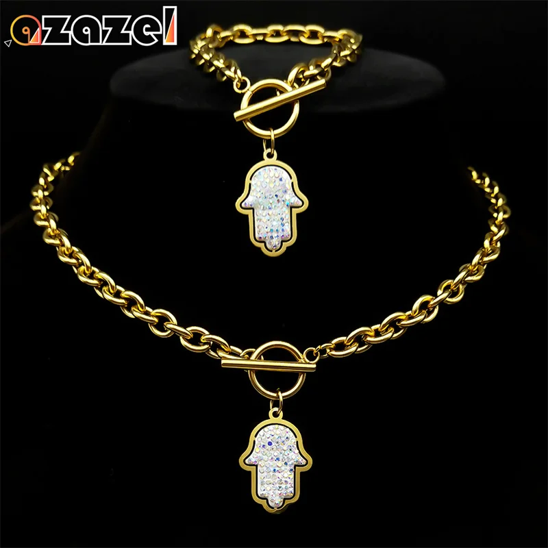 

Colorful Rhinestone Hamsa Hand Jewelry Set Women Stainless Steel Gold Color Islamic Vintage Hand of Fatima Necklace Bracelet Set