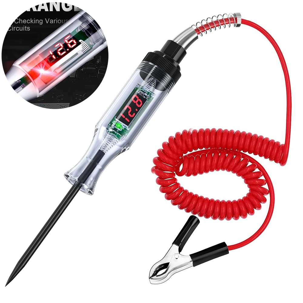 

Test Light Automotive Circuit Tester 3-48V DC Digital LCD Display Prolong Spring Cable for Sedan,SUV,RV,Truck,Lawn Mower