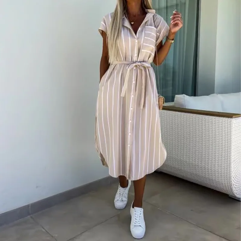 Ele stampato sciolto Midi Dr colletto da donna ort Sve gonna a trapezio a vita alta Faionable Summer Dr