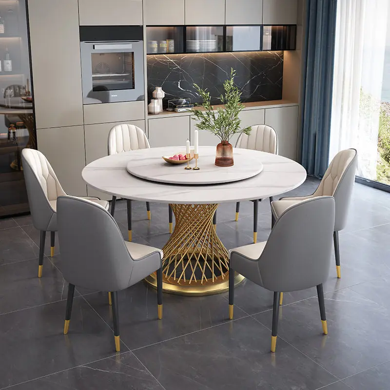 K*-Luxury Round Marble Dining Table with Lazy Susan Gold Metal Woven Base &Turntable Modern Kitchen Table for 6-8 People
