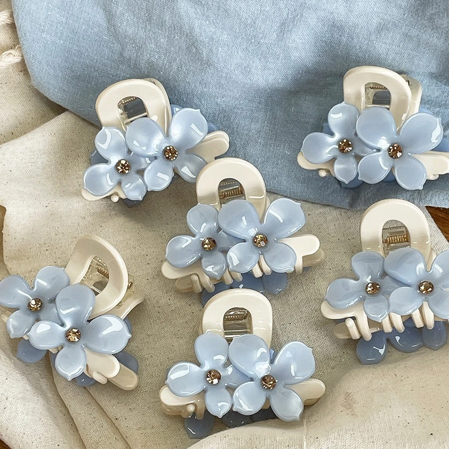Korean Flower Hair Claw Clips for Women Blue Acrylic Acetate Hair Clips Cute Hair Accessories Girls Grip Crab Clamp Headwear