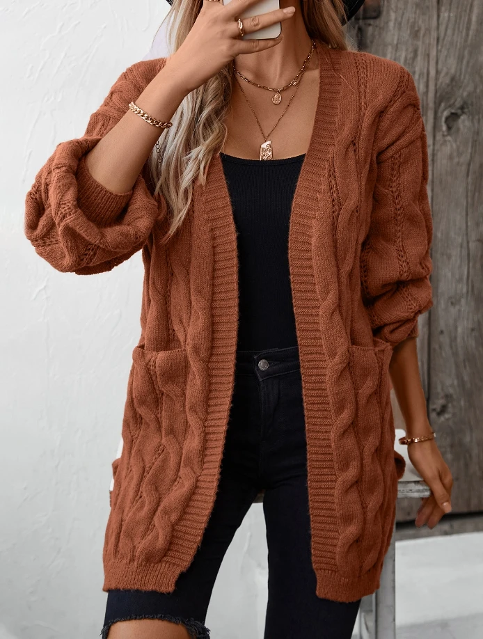 

Women's Fashion New Fried Dough Twists Kink Knitting Cardigan Autumn and Winter Vintage Loose Medium Length Sweater Coat