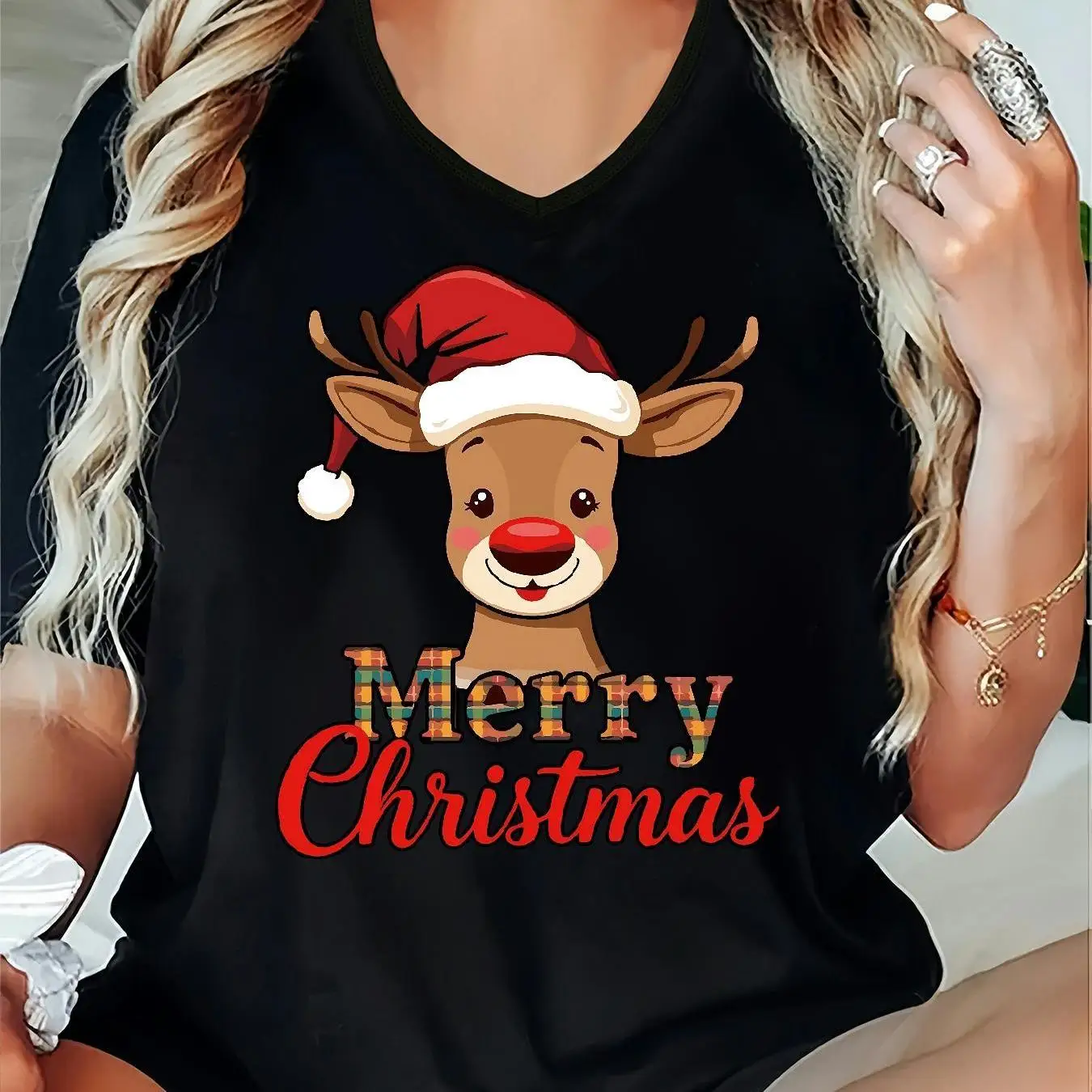 

Cartoon 3D Elk Print Women's T Shirts Fashion V-neck Short Sleeve Top New Year Party Christmas T-shirt Casual X'mas Clothing Tee