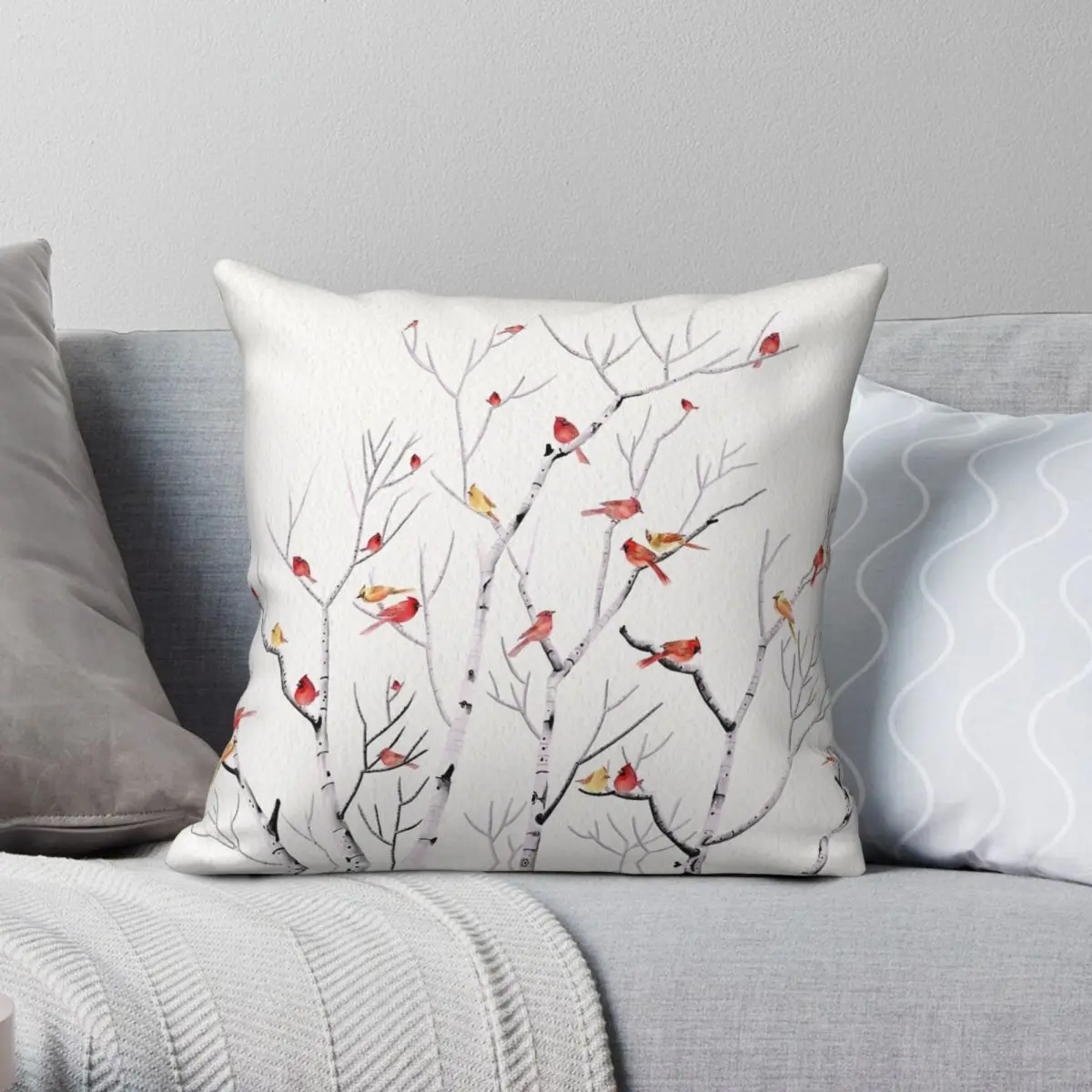 Birch Tree And Cardinal Square Pillowcase Polyester Linen Velvet Creative Zip Decorative Home Cushion Cover 18