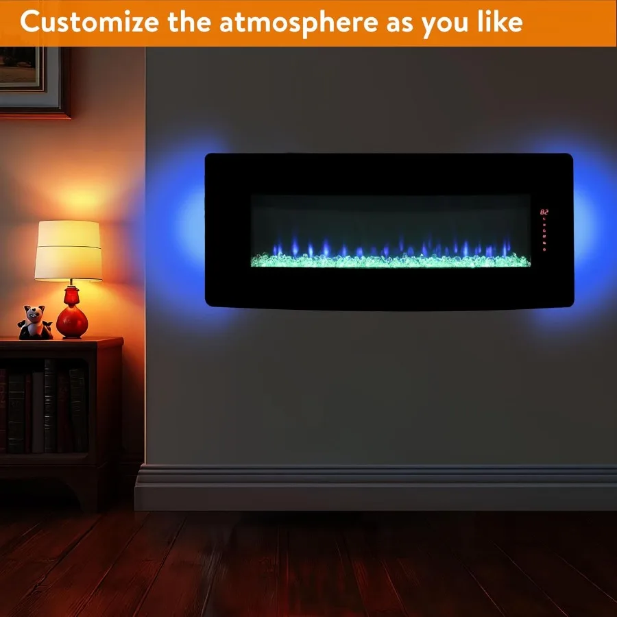 48 Stufa per camino elettrico in vetro curvo con retroilluminazione per soggiorno, montaggio a parete o design da tavolo, fiamma regolabile ed E