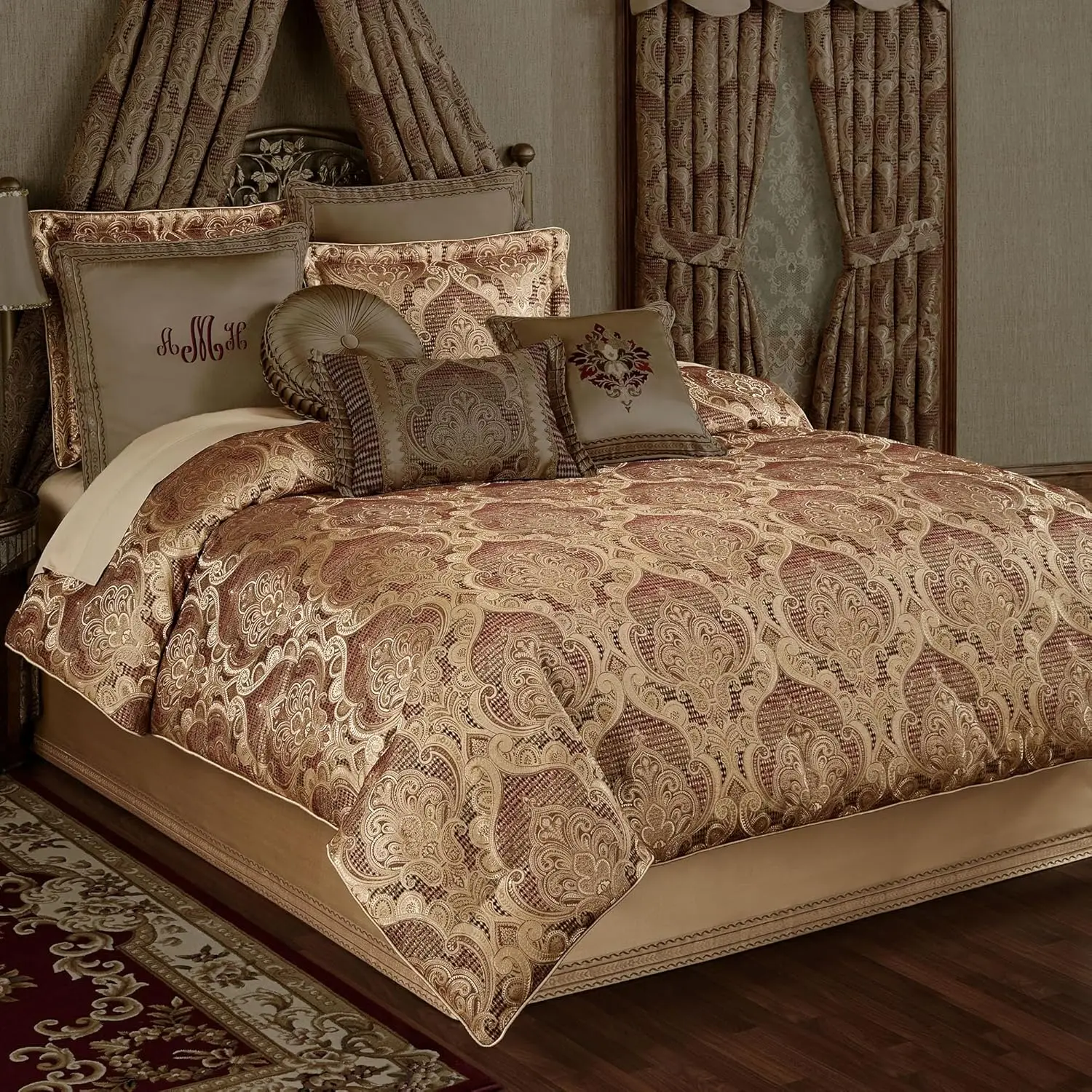 

Devonshire Antique Gold And Ruby Luxurious Jacquard-Woven And Chenille Damask Oversized Bedding Comforter Set, 846339090585