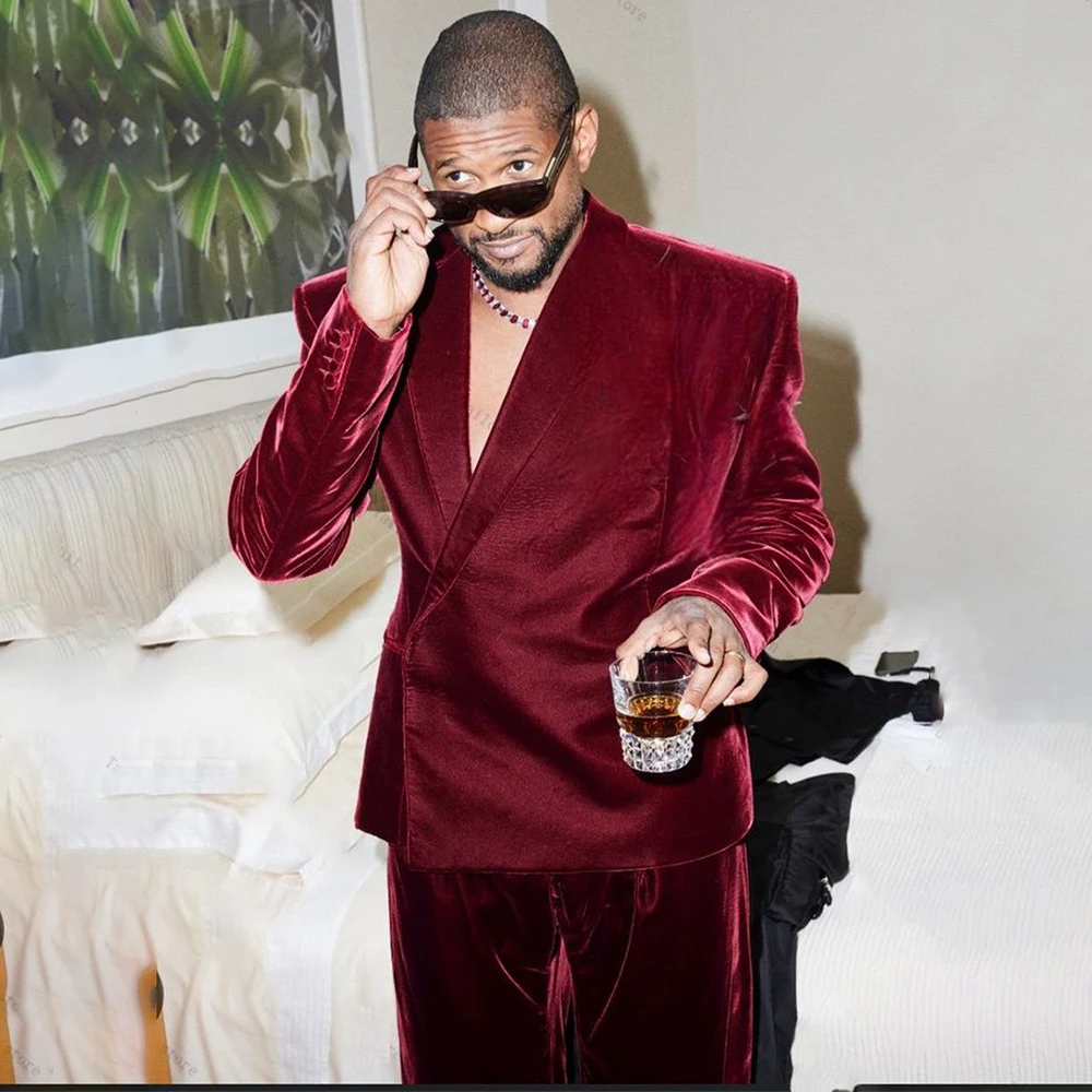 

Burgundy Velvet Men's Suits Fashion One-Button Slim Fit 2 Piece Jacket Pants Outfits High Quality Male Clothing Costume Homme