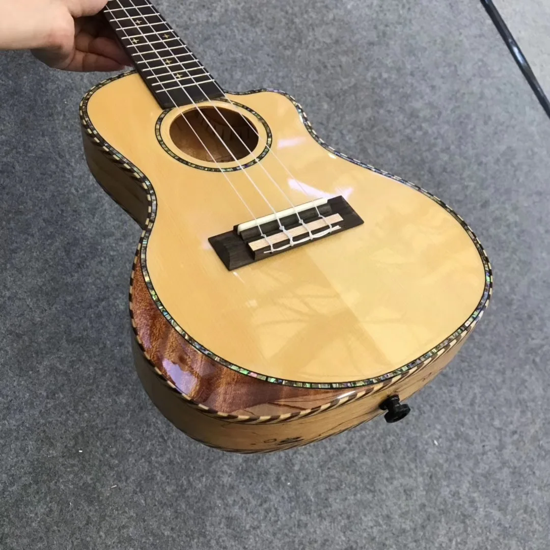 High Quality 24-Inch Solid Spruce Spalted Maple Ukulele Thin Body Guitar