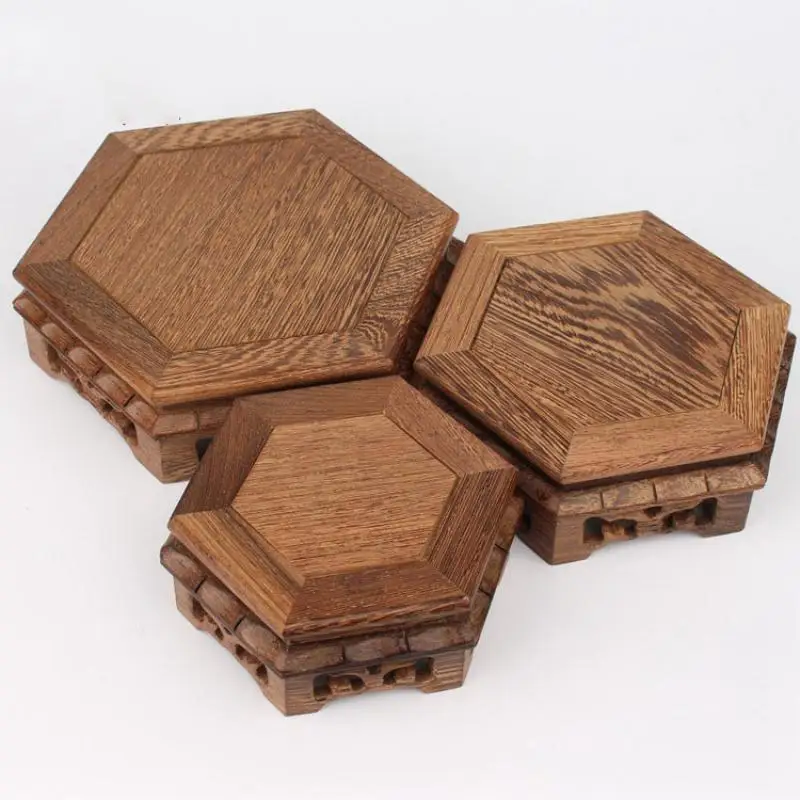 Natural Retro Wooden Hexagonal Display Pedestal Home Decoration Incense Burner Display Pedestal Pen Holder Vase Base