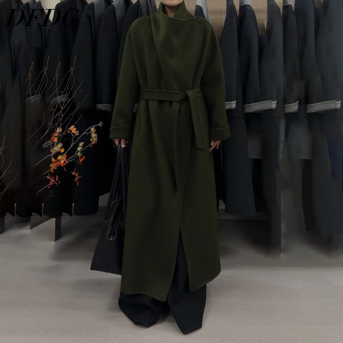 

DFDG Women’s Wool Blend Long Coat 2025 Stand Collar Belted Trench Coat Vintage Luxe Outerwear Elegant Chic Winter