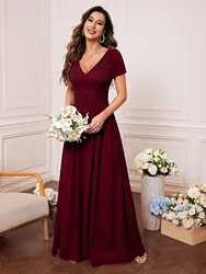 Unithorse V-Neck Pleated Short Sleeve Chiffon Elegant Long Formal Bridesmaid Dress