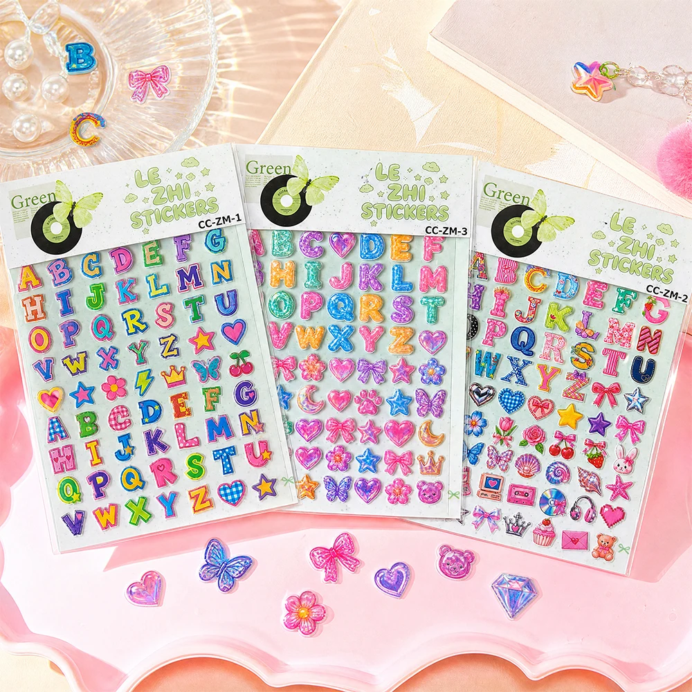 LEZHI 3D Puffy Stickers Sheet Y2K Aesthetic Alphabet Letters Butterfly Bow Heart Decals For Scrapbooking Journal Kis Gift