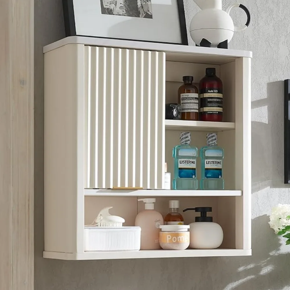 Bathroom Wall Cabinet w/Fluted Sliding Door, Modern Medicine Cabinet with Adjustable Shelf, Curved Profile Wall Mounted