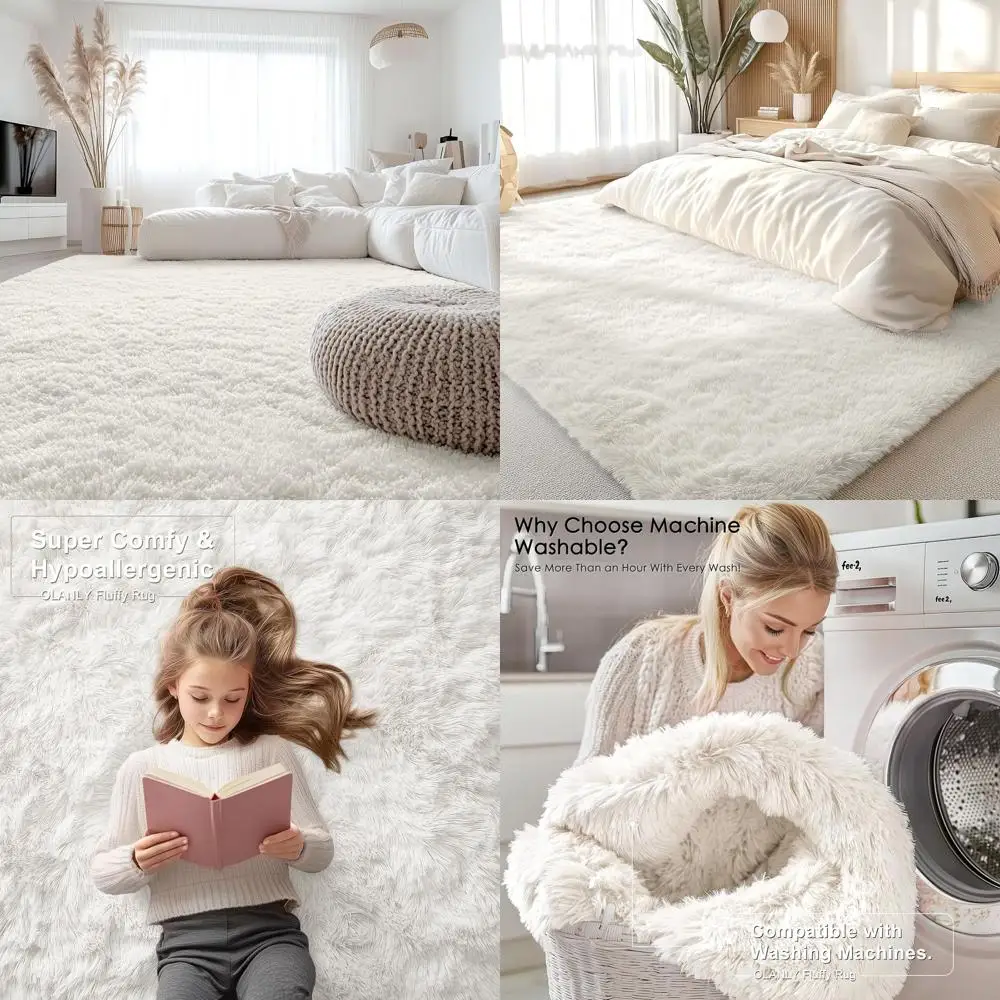 

Ivory Soft Fluffy Shaggy Rugs - Large Area for Living Room, Bedroom, Kids Rooms, Dorms, and Nursery