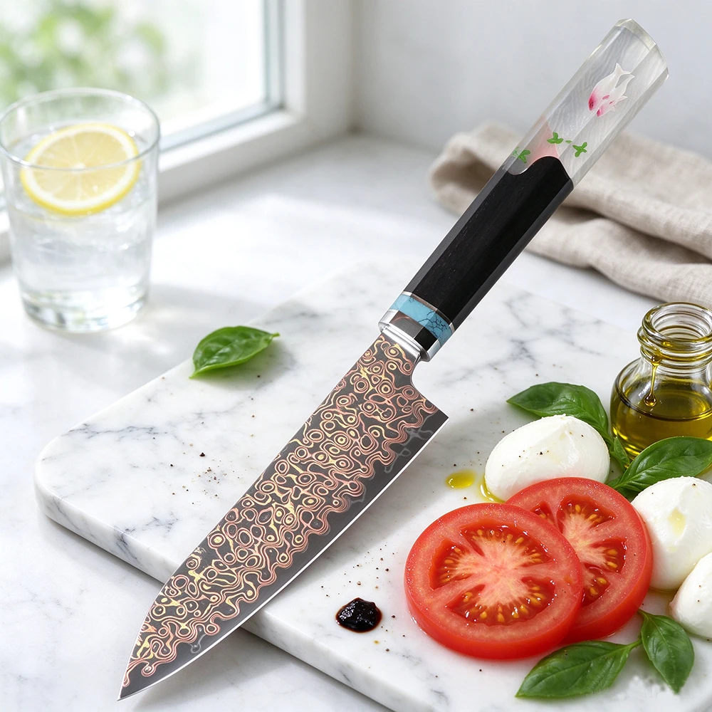 Hand Forged Tricolor Copper Damascus Utility Knife Ebony Resin Handle Sharp Japanese Kitchen Multi-purpose Cooking Knife Gift