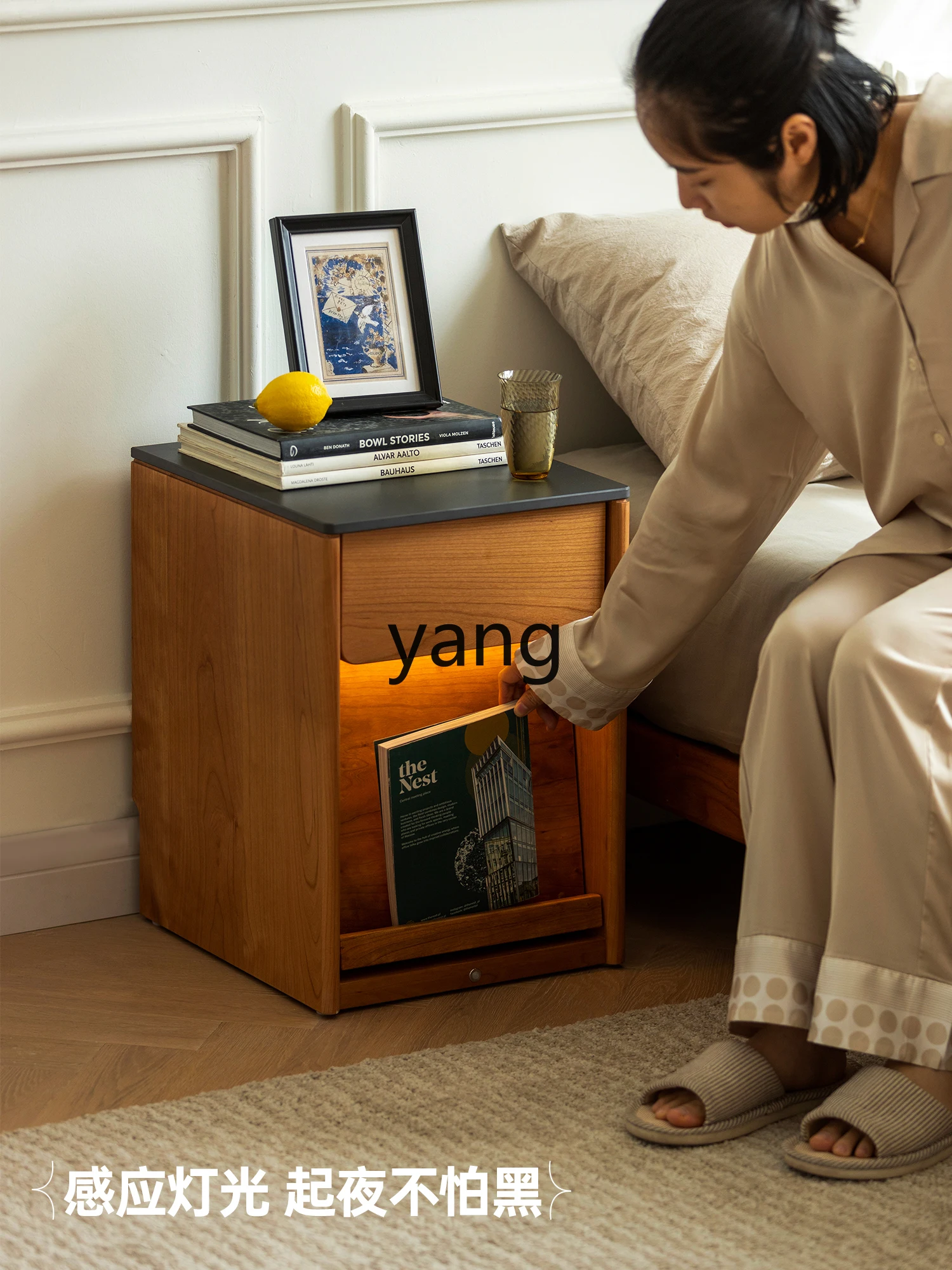 CX Extremely Narrow Stone Plate Solid Wood with Light Bedside Cabinet Small Bedroom Gap Bedside Cabinet