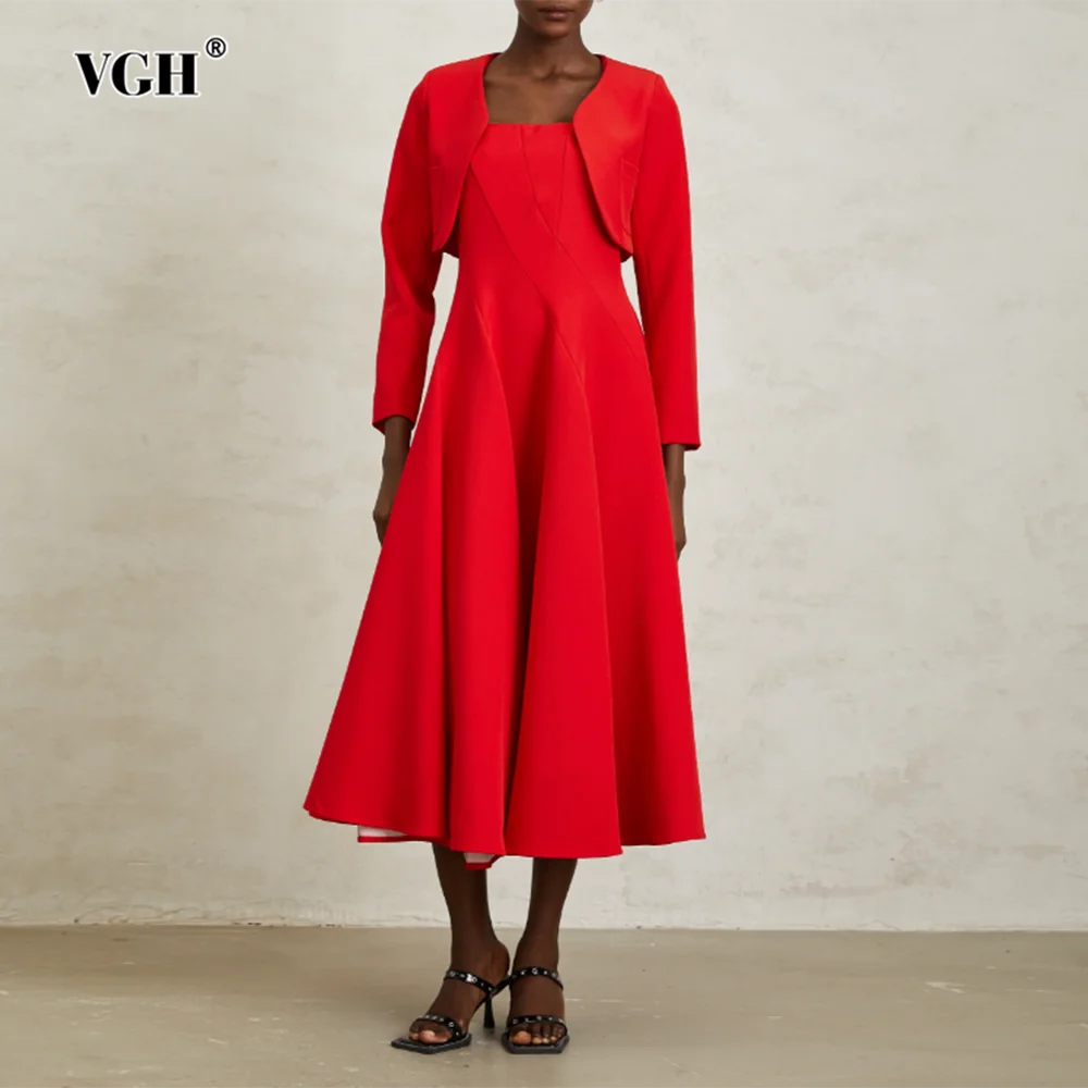 

VGH Solid Elegant Two Piece Sets For Women Round Neck Long Sleeve Coat Strapless Sleeveless Dress Chic Set Female Fashion New