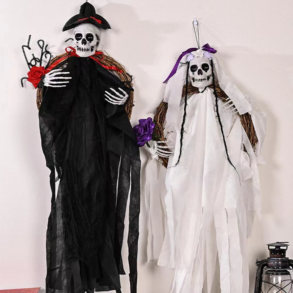 

Halloween Door Halloween Decoration Wreath Ghost Skull Decoration Black White BrideHaunted House