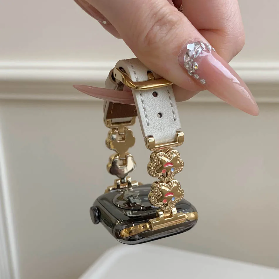 سوار أنيق من الجلد المعدني لساعة Apple Watch Series 11 10 9 8 7 6 SE 5 4 3 2 UItra iWatch 49 مم 46 مم 45 مم 44 مم 42 مم 41 مم 40 مم 38 مم أحزمة سوار زهرة وجه مبتسم