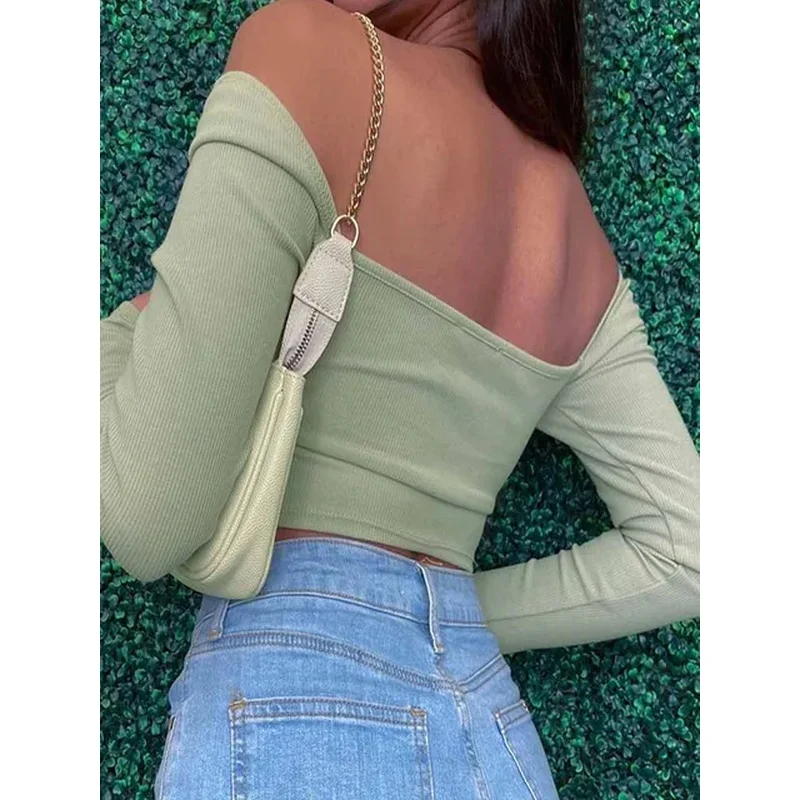 Hollow-Out V-neck Long Sleeve Crop Tops Spring Fall Casual Fashion Women Square Collar Slim Ribbed T-Shirts Backless Tee