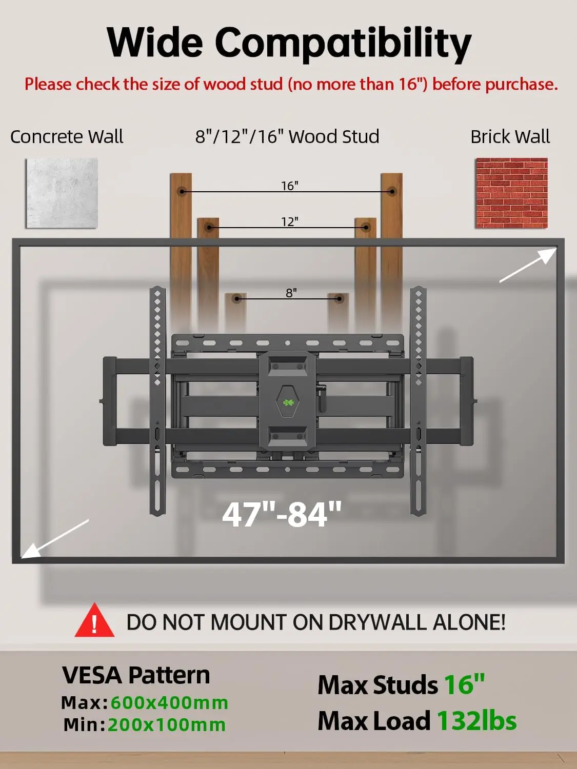 Full Motion TV Wall Mount for Most 47-84 inch Flat Screen/4K TV, TV Mount Bracket Dual Swivel Articulating Tilt 6 Arms