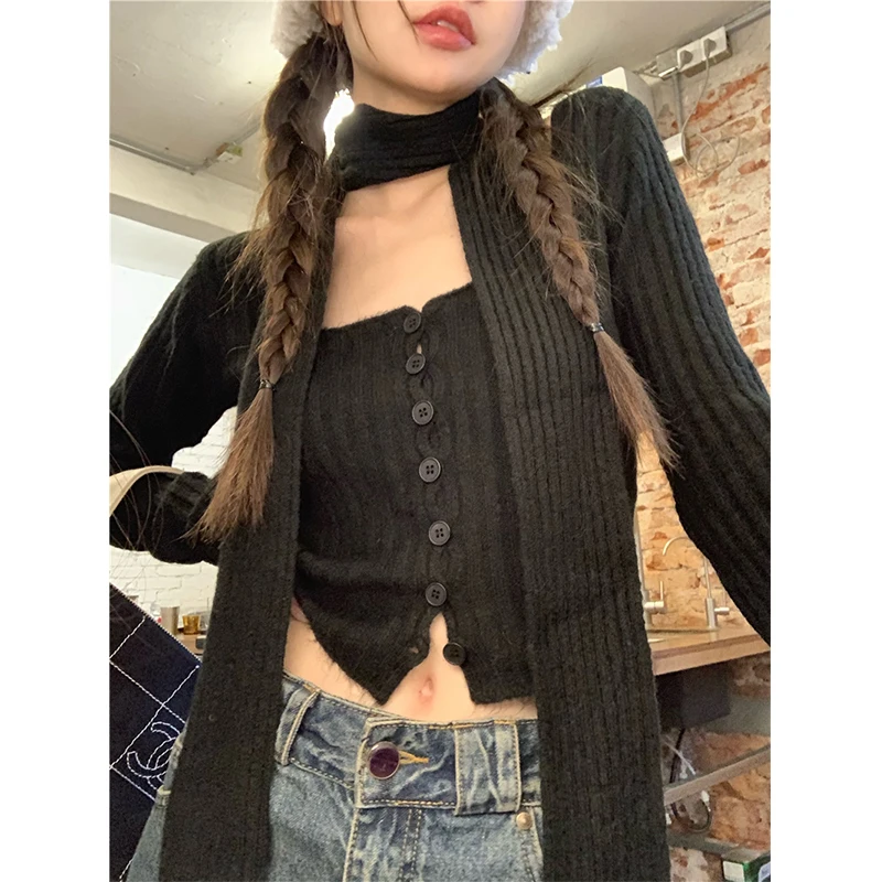 MEXZT Y2K Cropped Knitted Cardigan Women with Scarf Sweater Coat Streetwear Sexy Square Collar Jumpers Long Sleeve Knitwear Tops