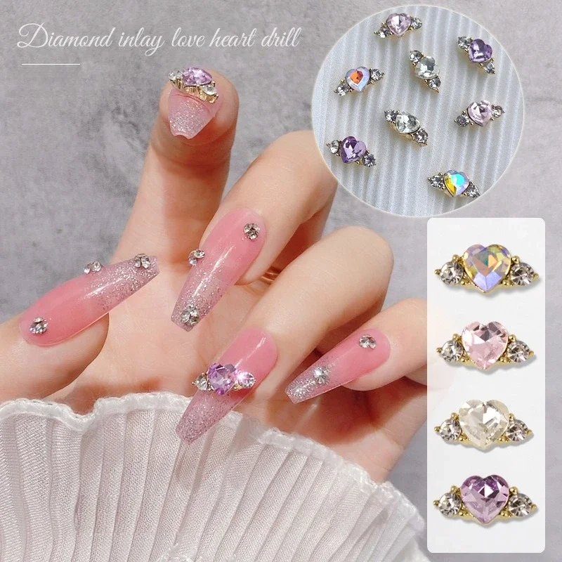 1Pc New Trendy Heart Stacked Nail Charms, finished 3D metal crystal peach heart rhinestone ring manicure decorations