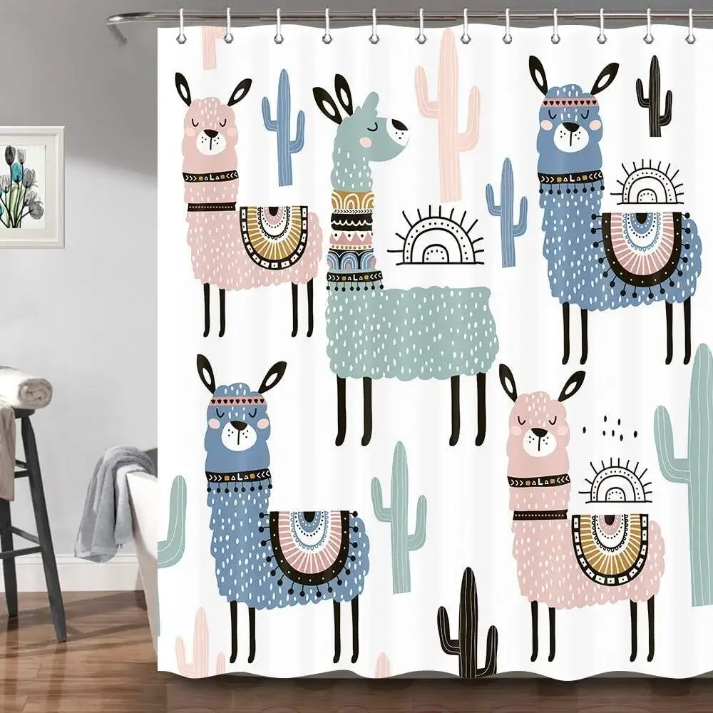 Cute Lama Alpaca Shower Curtains for Bathroom Funny Kids Cartoon Animals Colorful Llama Cactus Fabric Decor Bath Curtain Hooks
