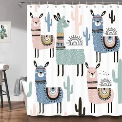 Cute Lama Alpaca tende da doccia per bagno bambini divertenti animali dei cartoni animati Lama colorata Cactus tessuto Decor ganci per tende da bagno