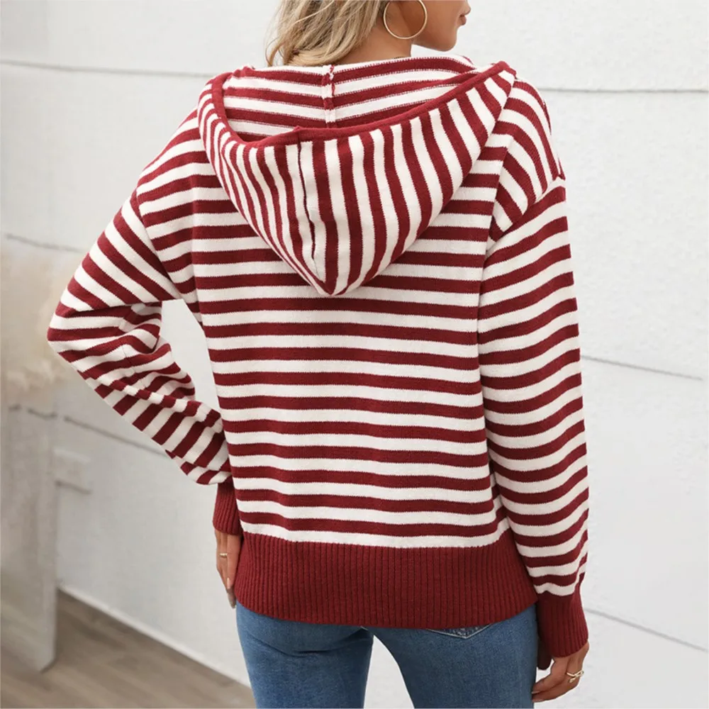 New Year Sweater Zipper V-neck Striped Christmas Winter Long Sleeve Temperament Design Pullover Ladies Casual Family Party Tops