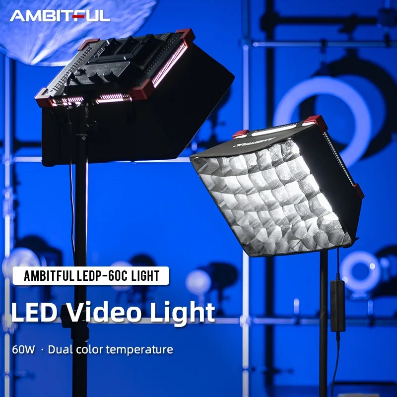 

AMBITFUL LEDP60C 60W LED Lamp – Dual Color Temperature 3200-5600K Video Light Panel with Honeycomb Grid Softbox Remote Control