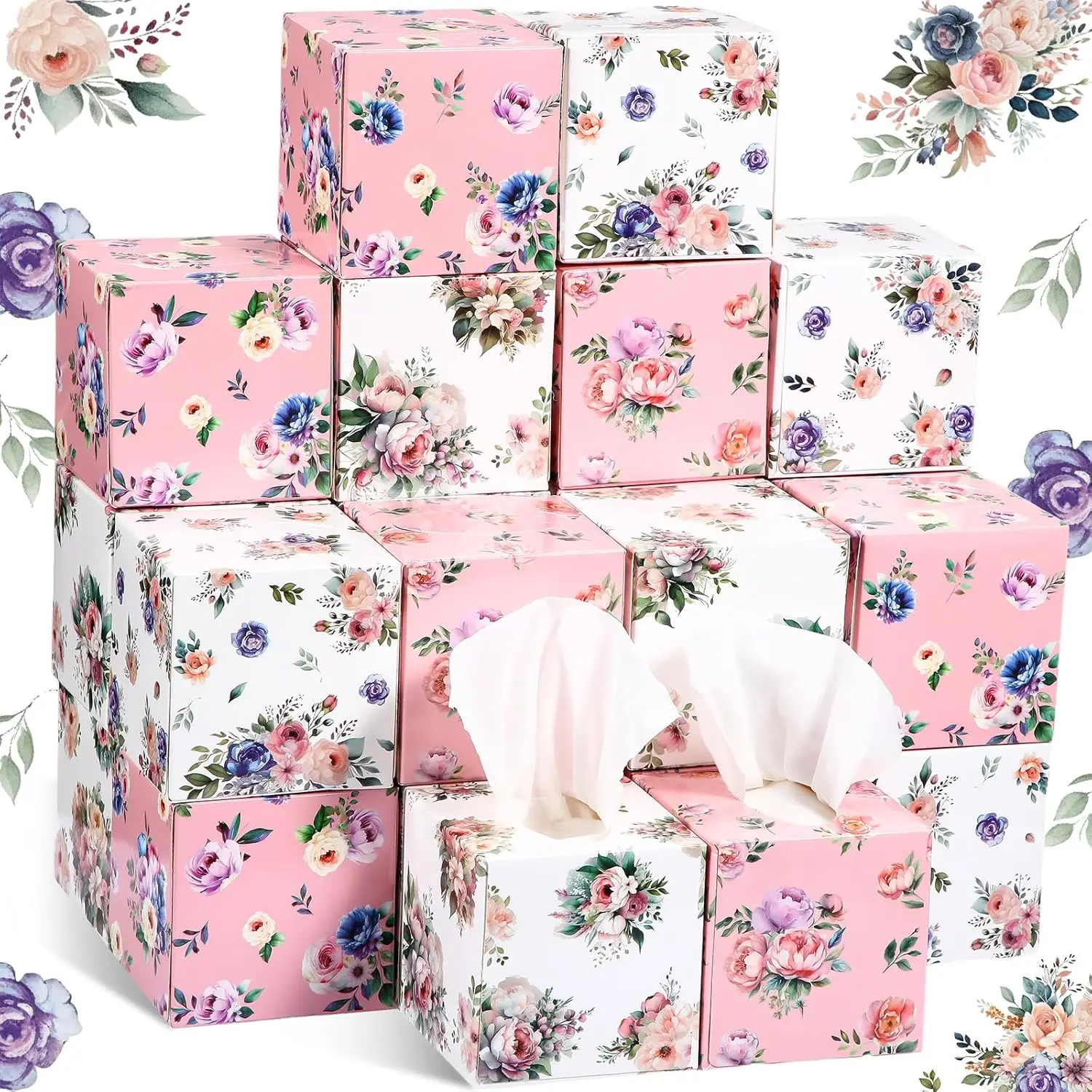 

24 Packs tissues cube boxes 1920 Sheets Facial Tissues Bulk Floral Paper Tissue Boxes 80 Tissues Per Box 2 Ply square ti