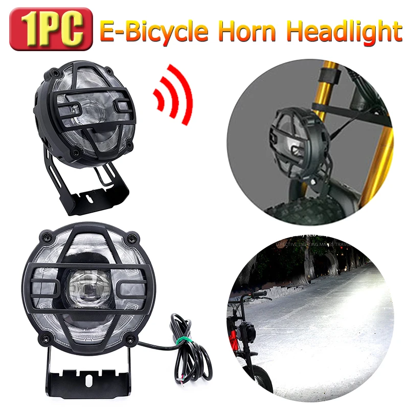 E-Bike 36V 48V Headlights Electric Bicycle Light with Horn Waterproof Bicycle Front Headlight Headlamp EBike Flashlight Lantern