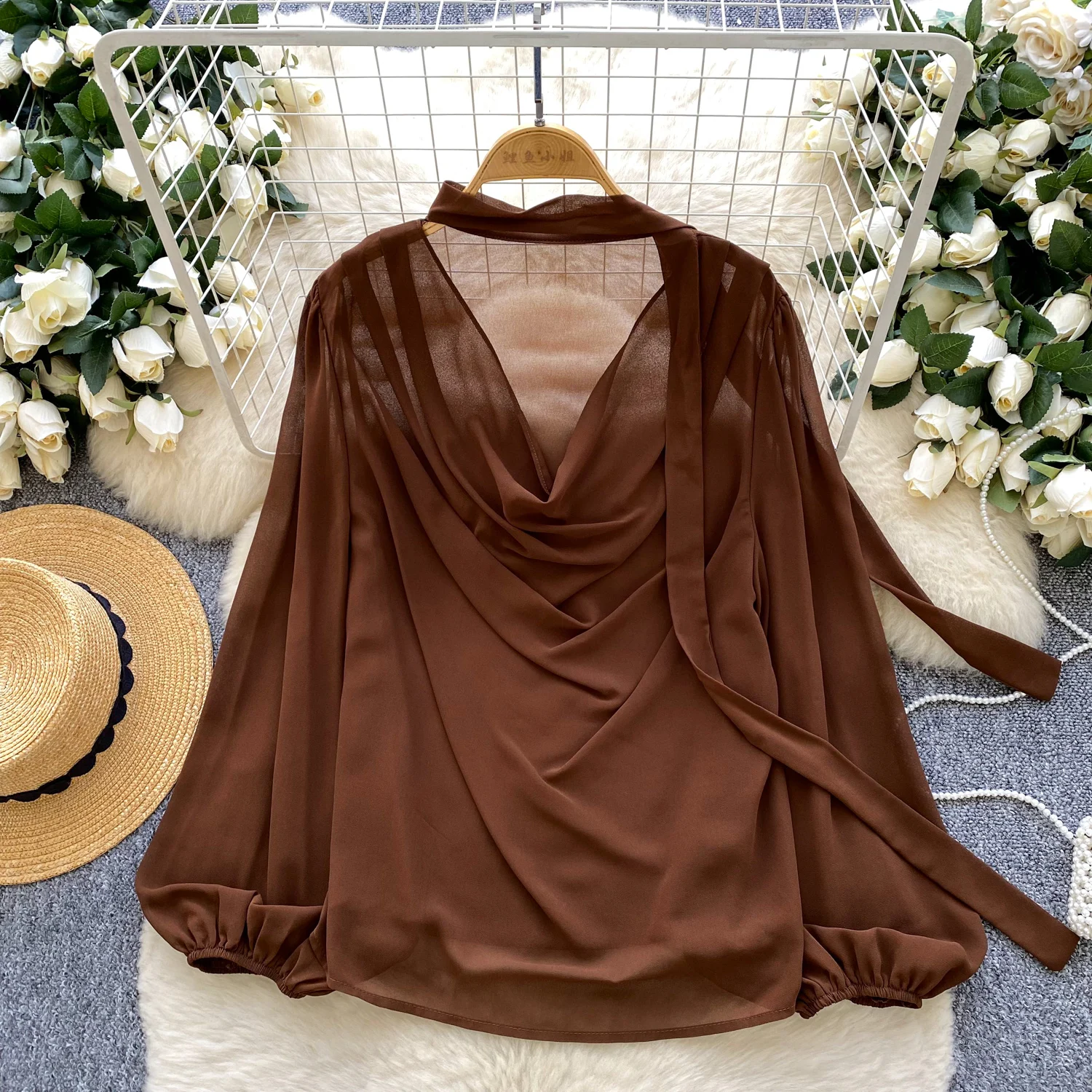 

Vintage Blouse swinging collar solid long sleeve Elegant Fashion Women hotsweet Shirt women clothing