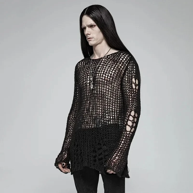 PUNK RAVE Men's Gothic Casual Broken Hole Pullovers Personality Black Loose Sweater Punk Cosplay Dark Visual Kei