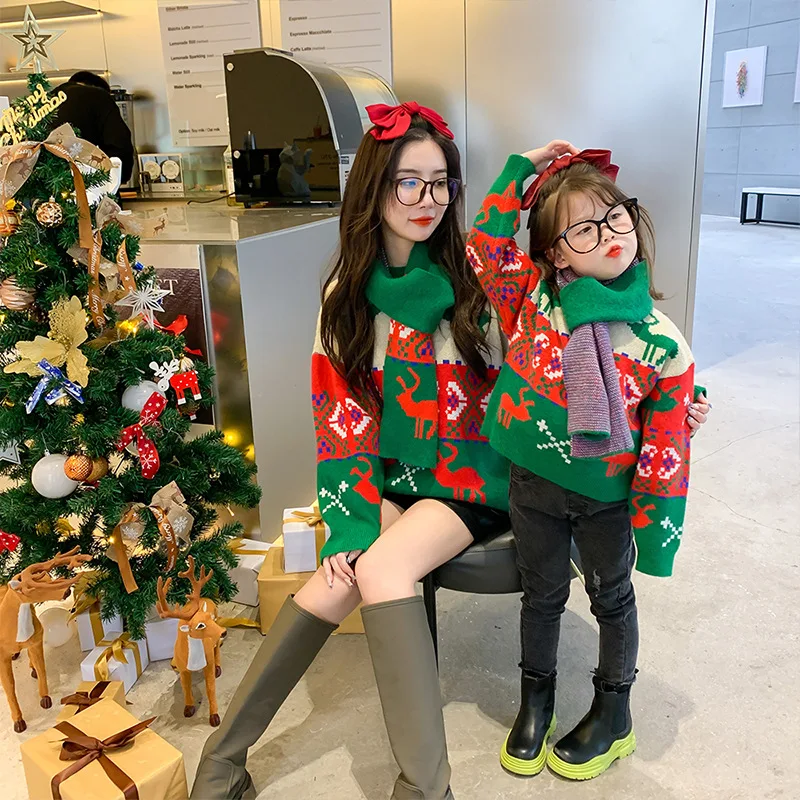 Christmas 2023 News Mother Daughter Sweater Mom And Baby Girl Boy Matching Clothes Autumn Winter Women Children Knit Tops Scarf