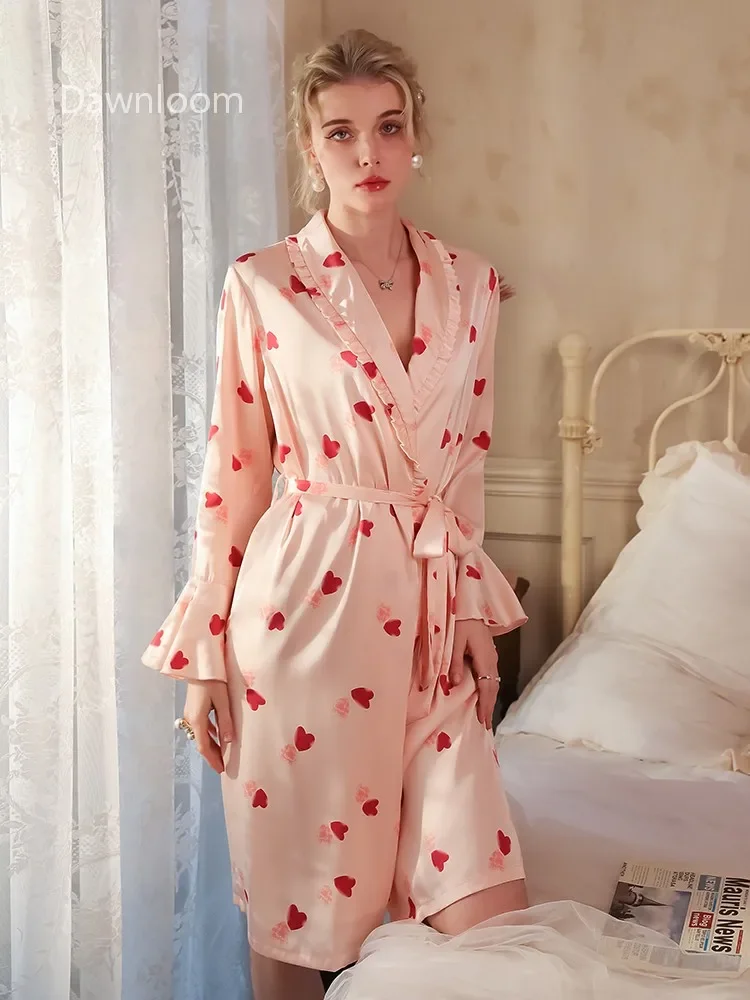 Dawnloom Light Pink Heart Print Satin Robe Ruffled Bell Sleeves Tie-Waist Sweet Vibrant Luxury Home Loungewear